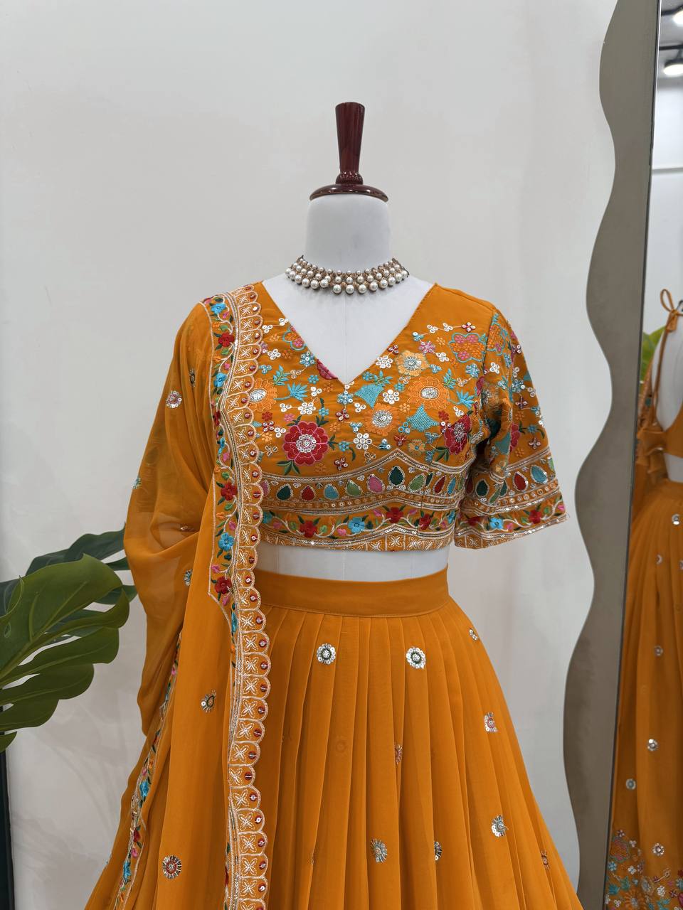 Faux Georgette Lehenga Choli Set - Thread & Sequence Embroidered Ethnic Wear