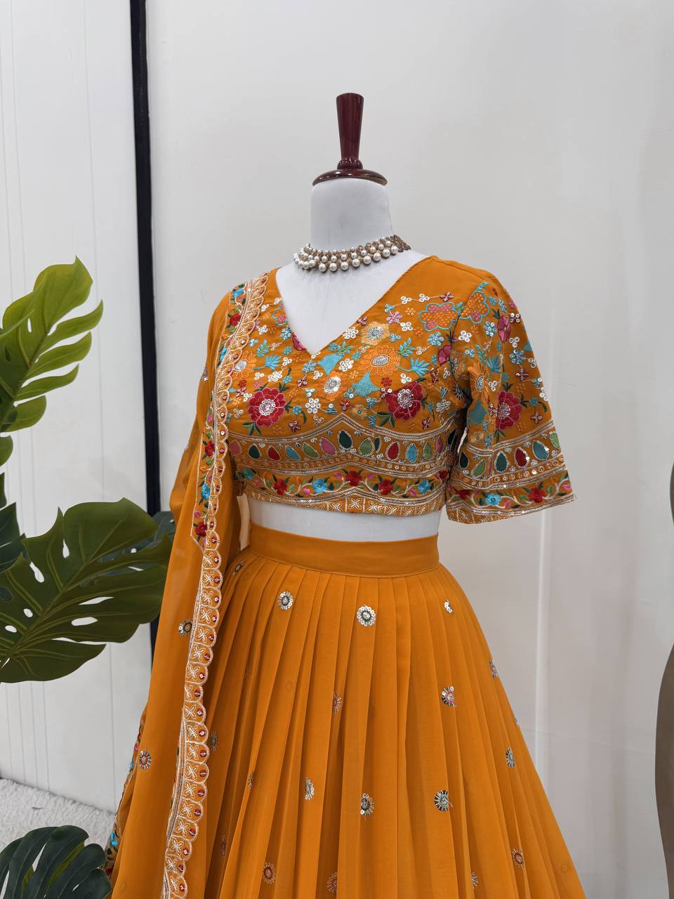 Faux Georgette Lehenga Choli Set - Thread & Sequence Embroidered Ethnic Wear