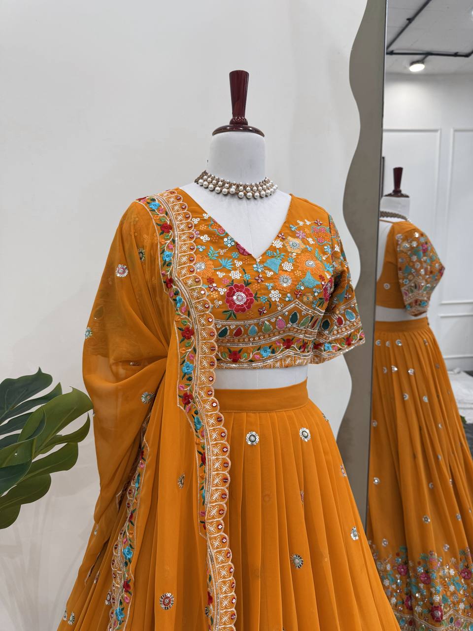 Faux Georgette Lehenga Choli Set - Thread & Sequence Embroidered Ethnic Wear