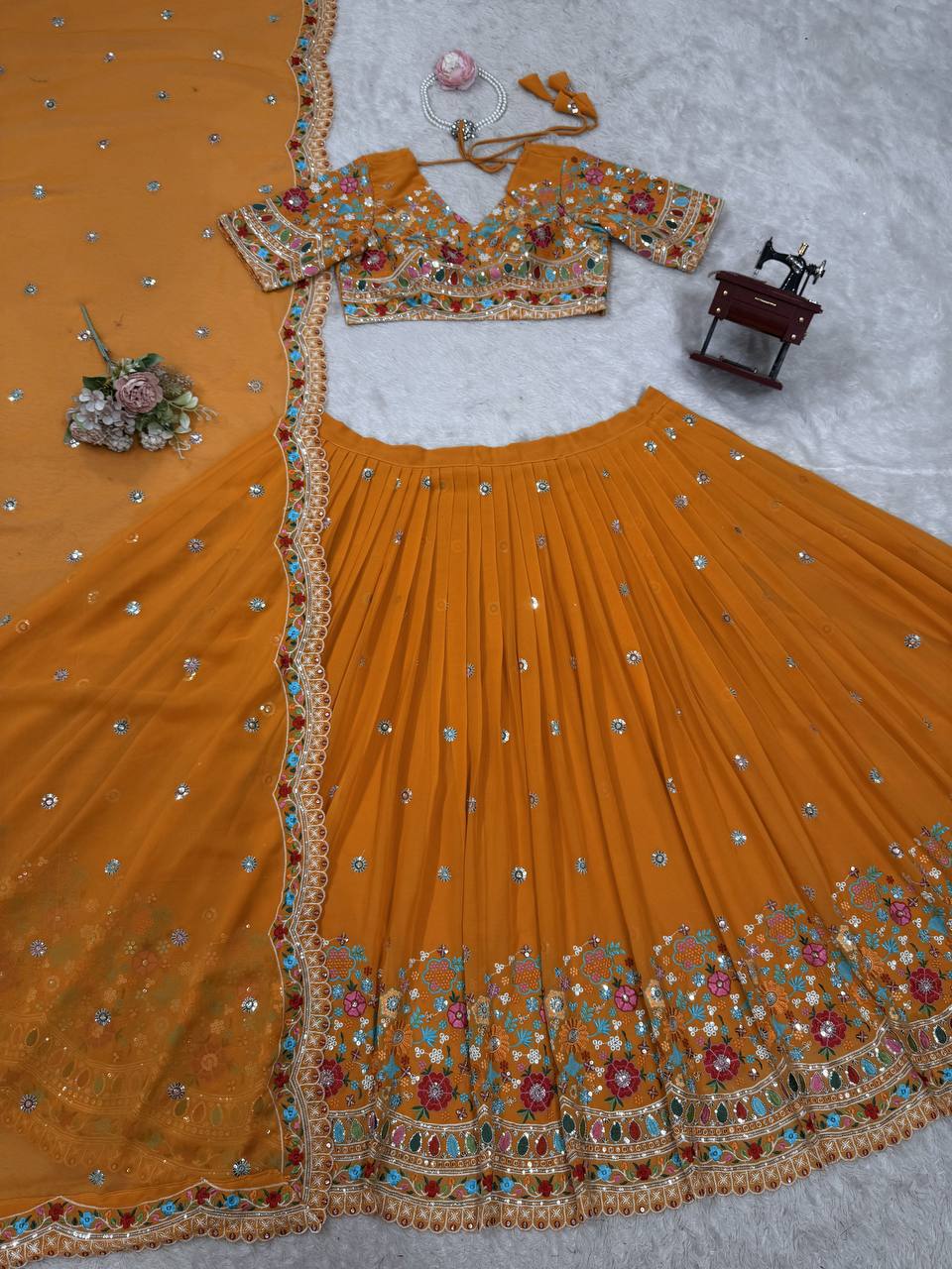 Faux Georgette Lehenga Choli Set - Thread & Sequence Embroidered Ethnic Wear