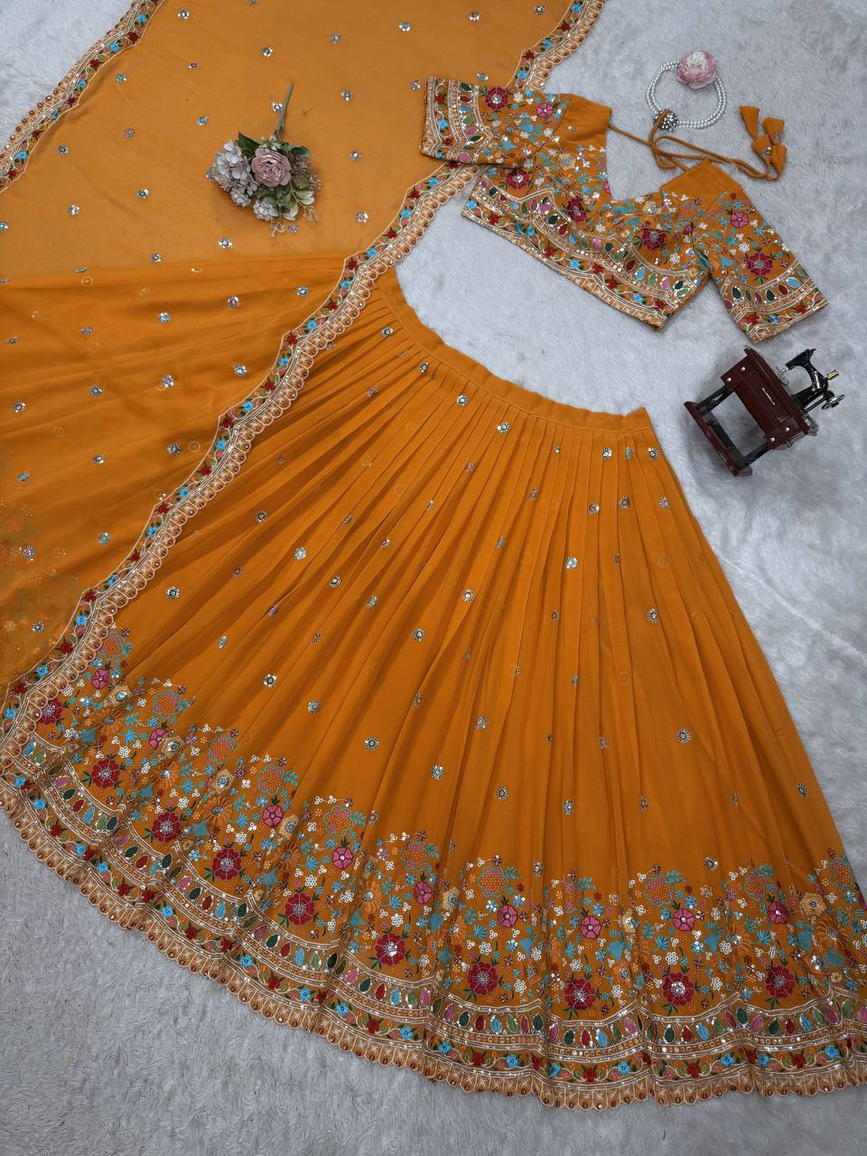 Faux Georgette Lehenga Choli Set - Thread & Sequence Embroidered Ethnic Wear