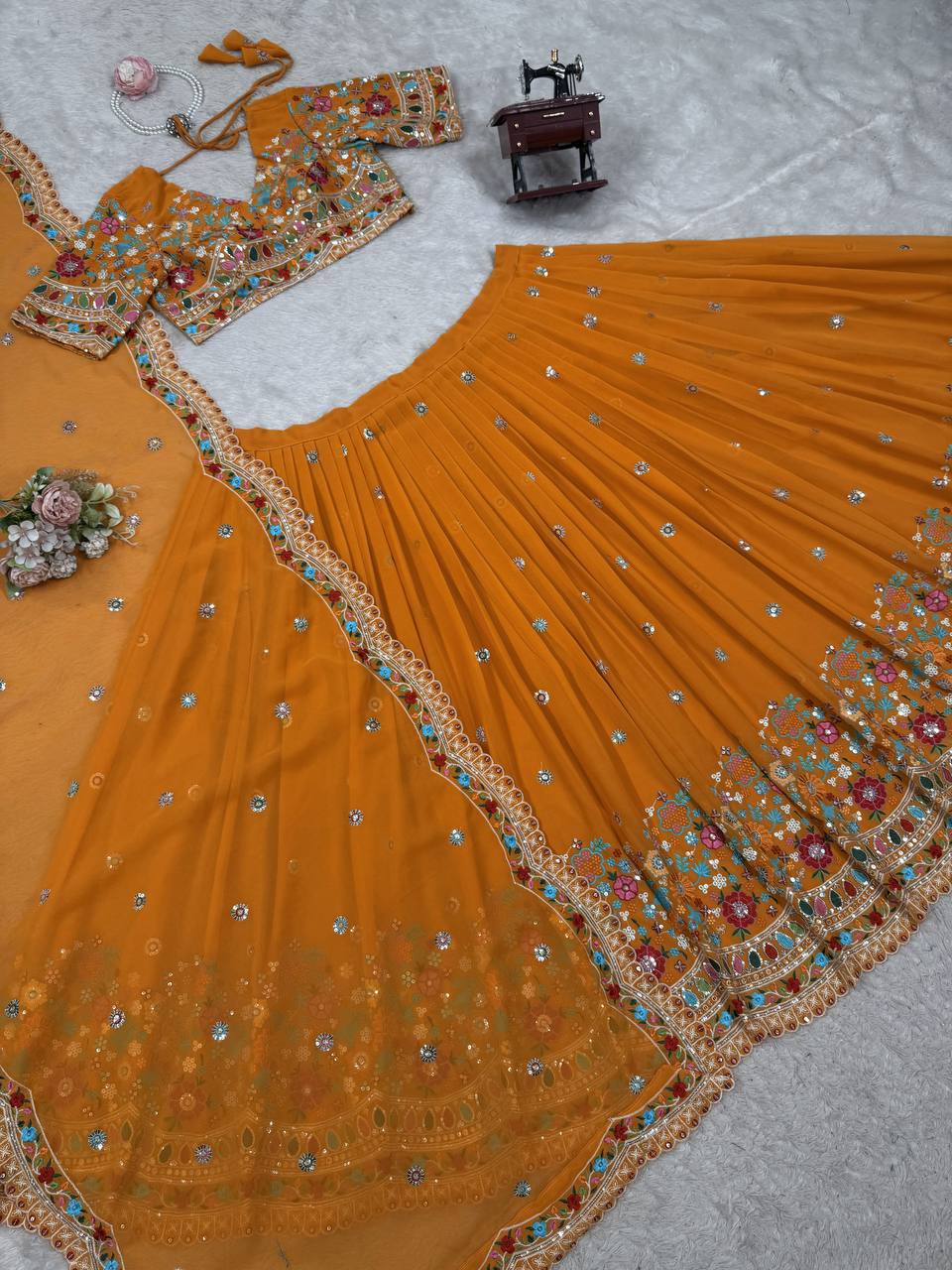 Faux Georgette Lehenga Choli Set - Thread & Sequence Embroidered Ethnic Wear