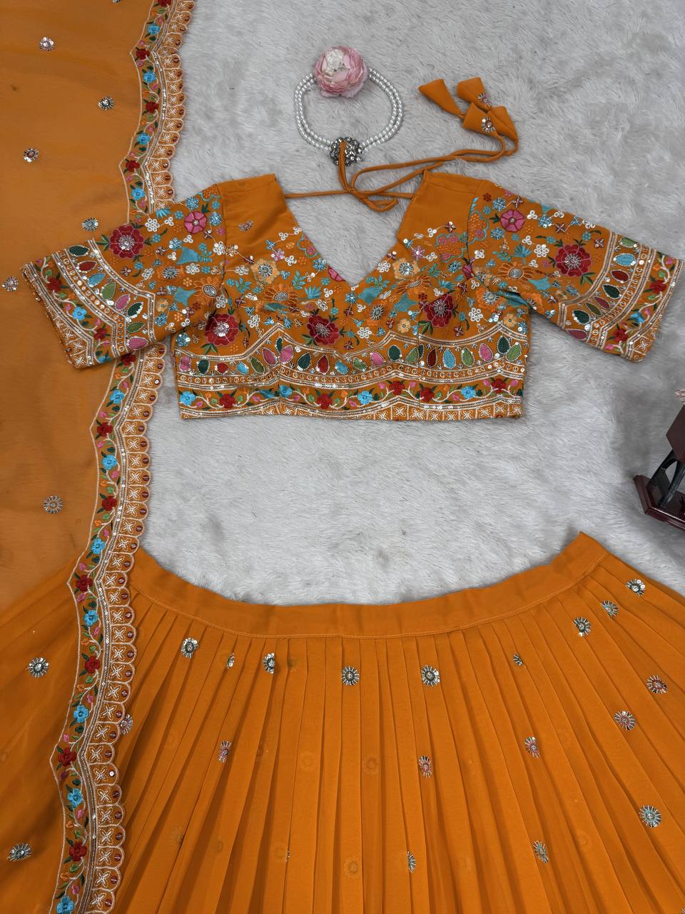 Faux Georgette Lehenga Choli Set - Thread & Sequence Embroidered Ethnic Wear