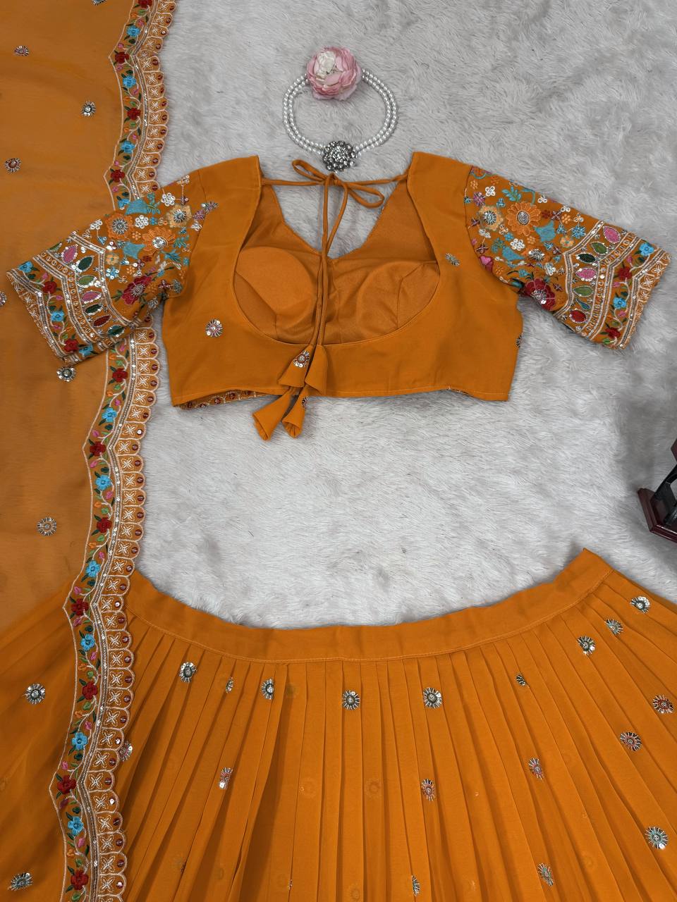 Faux Georgette Lehenga Choli Set - Thread & Sequence Embroidered Ethnic Wear