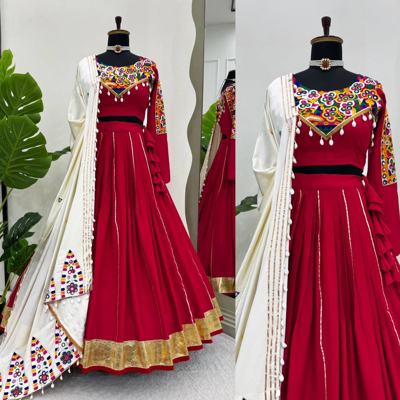 Rayon Silk Lehenga Choli Set | Golden & Silver Patta Work NAVRATRI