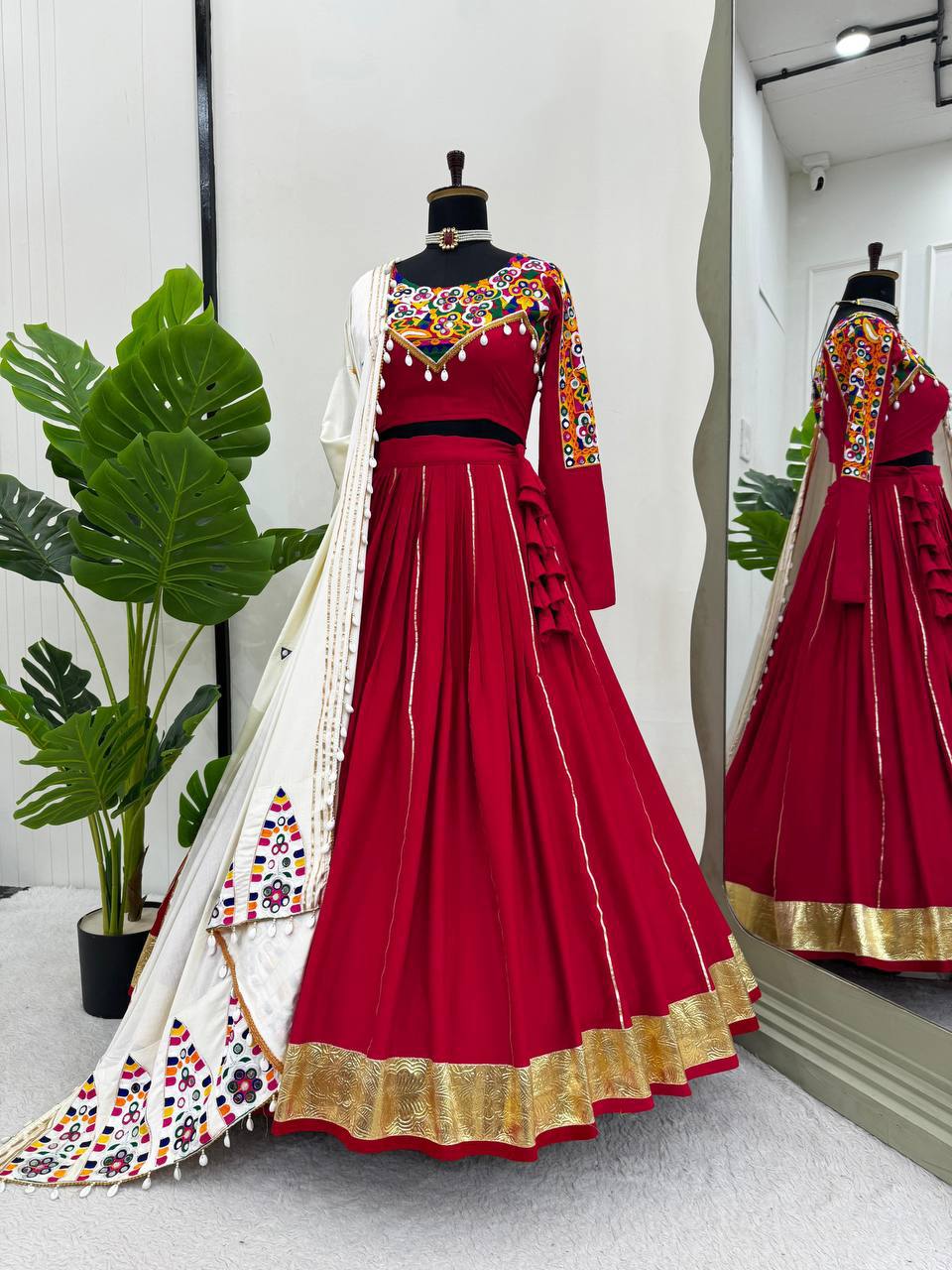 Rayon Silk Lehenga Choli Set | Golden & Silver Patta Work NAVRATRI