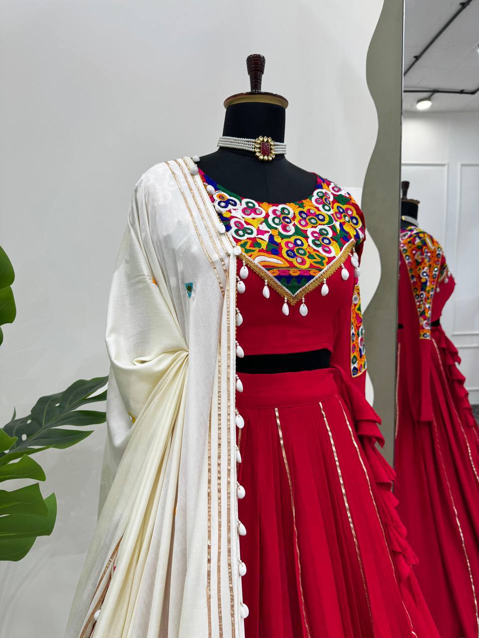 Rayon Silk Lehenga Choli Set | Golden & Silver Patta Work NAVRATRI
