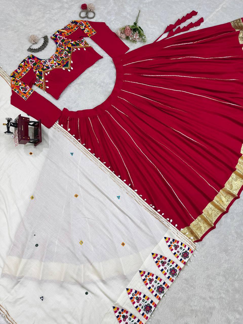 Rayon Silk Lehenga Choli Set | Golden & Silver Patta Work NAVRATRI