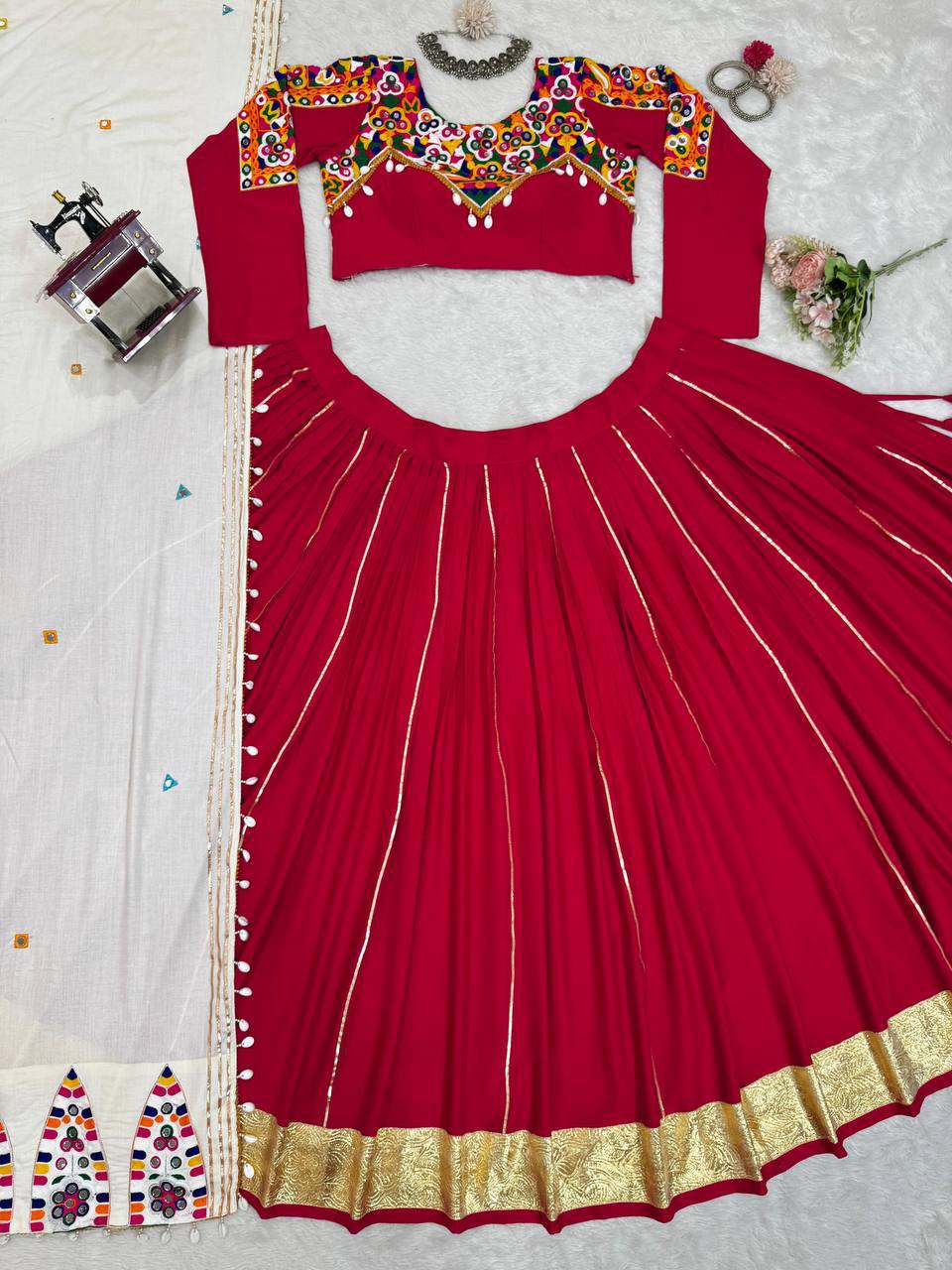 Rayon Silk Lehenga Choli Set | Golden & Silver Patta Work NAVRATRI