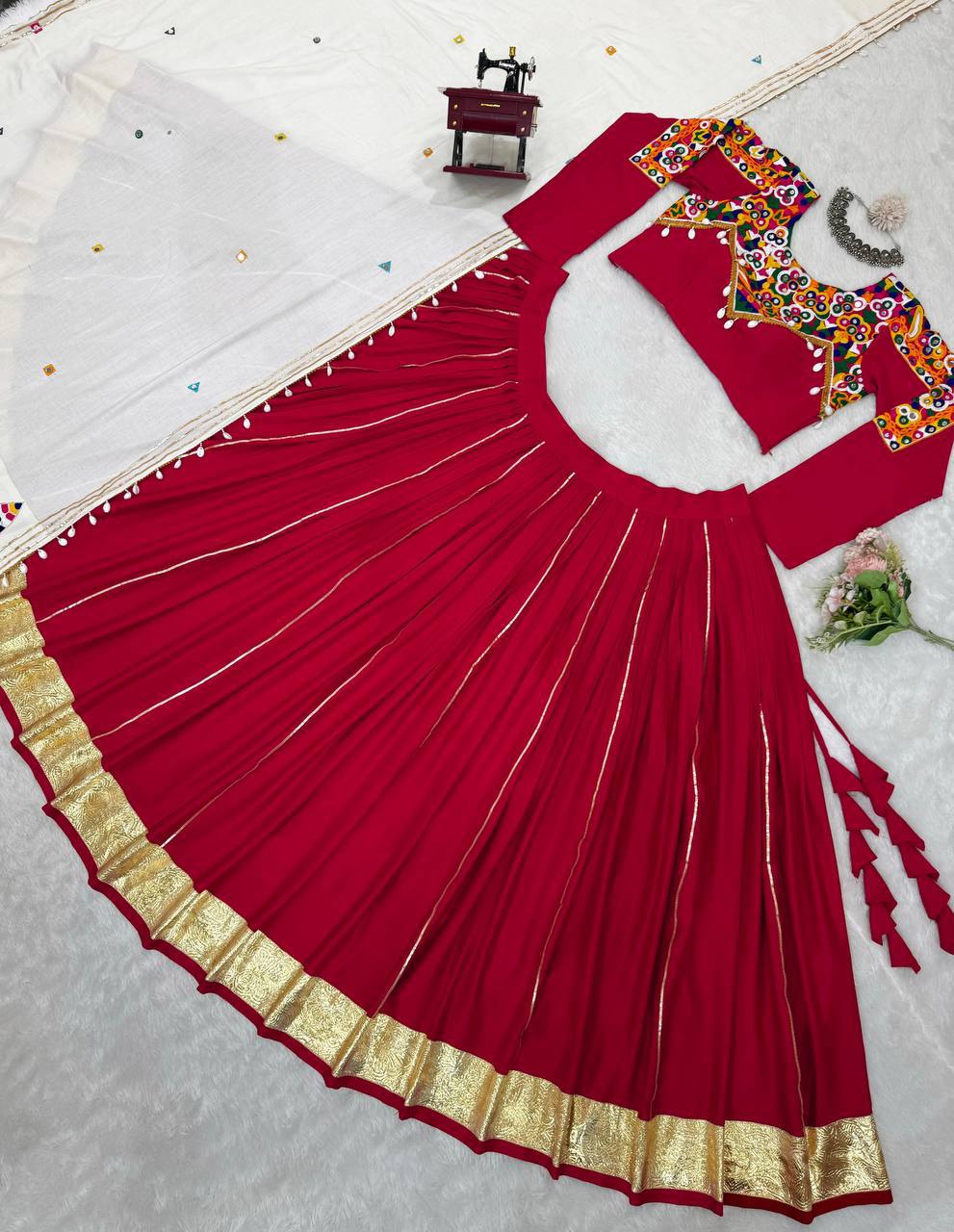 Rayon Silk Lehenga Choli Set | Golden & Silver Patta Work NAVRATRI