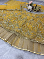 "Majestic Mustard Yellow Lehenga with Heavy Golden Zari & Sequins Embroidery – Bridal & Festive Wear"