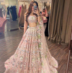 Peach Pink Embroidered Lehenga Set with Mint Green and Blue Sequin Mirror Work