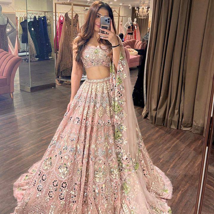 Peach Pink Embroidered Lehenga Set with Mint Green and Blue Sequin Mirror Work