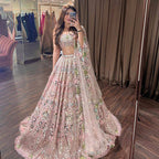 Peach Pink Embroidered Lehenga Set with Mint Green and Blue Sequin Mirror Work