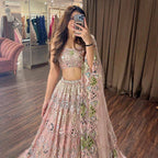 Peach Pink Embroidered Lehenga Set with Mint Green and Blue Sequin Mirror Work