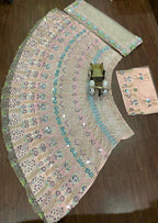 Peach Pink Embroidered Lehenga Set with Mint Green and Blue Sequin Mirror Work
