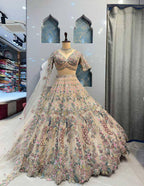 "Ivory White Embroidered Net Lehenga with Peacock & Floral Sequins Work – Bridal & Festive Wear"