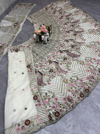 "Ivory White Embroidered Net Lehenga with Peacock & Floral Sequins Work – Bridal & Festive Wear"