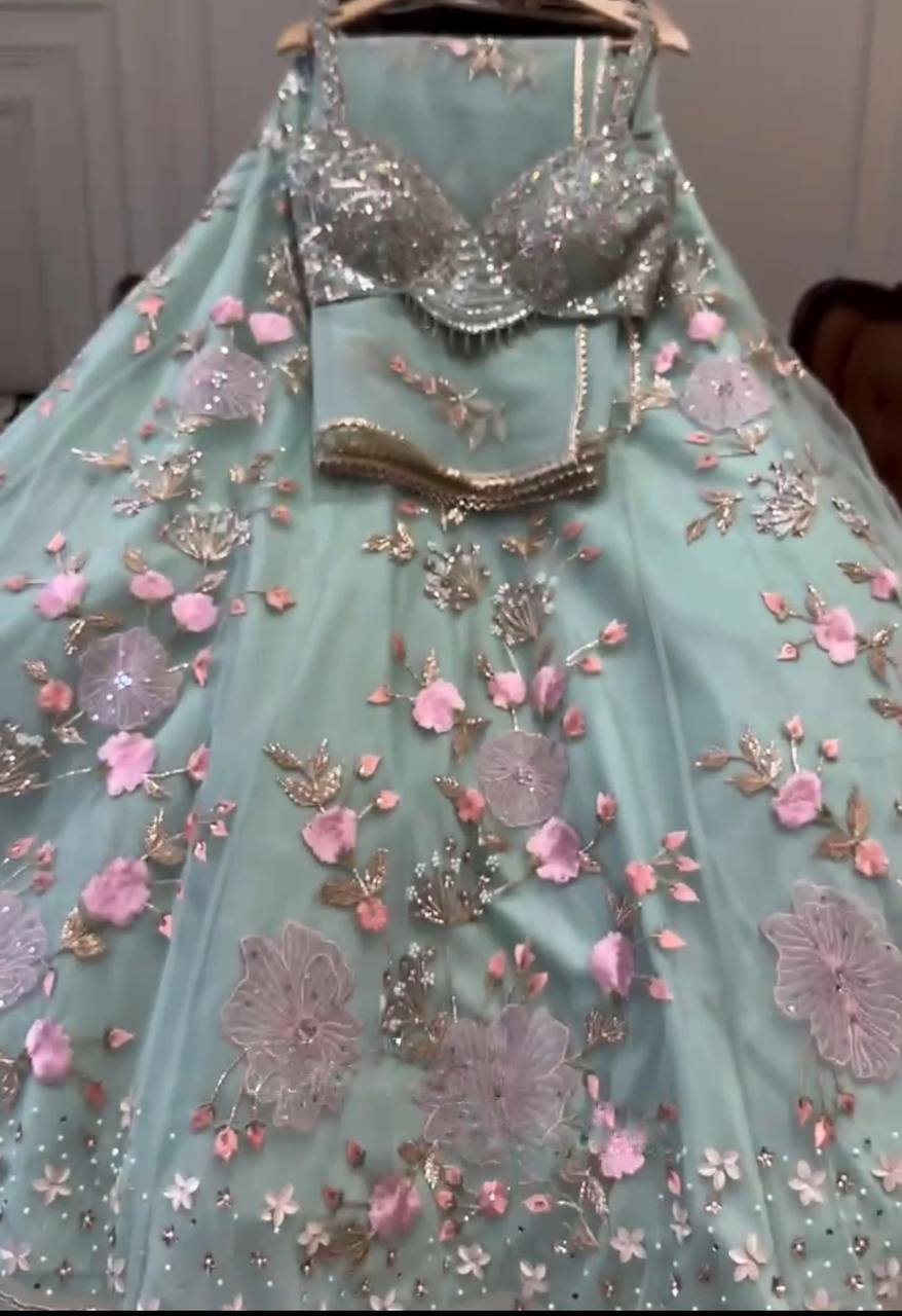 Mint Green Embroidered Lehenga Set with Pink and Coral Floral Sequin Work