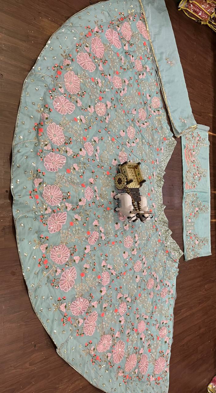Mint Green Embroidered Lehenga Set with Pink and Coral Floral Sequin Work