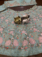 Mint Green Embroidered Lehenga Set with Pink and Coral Floral Sequin Work