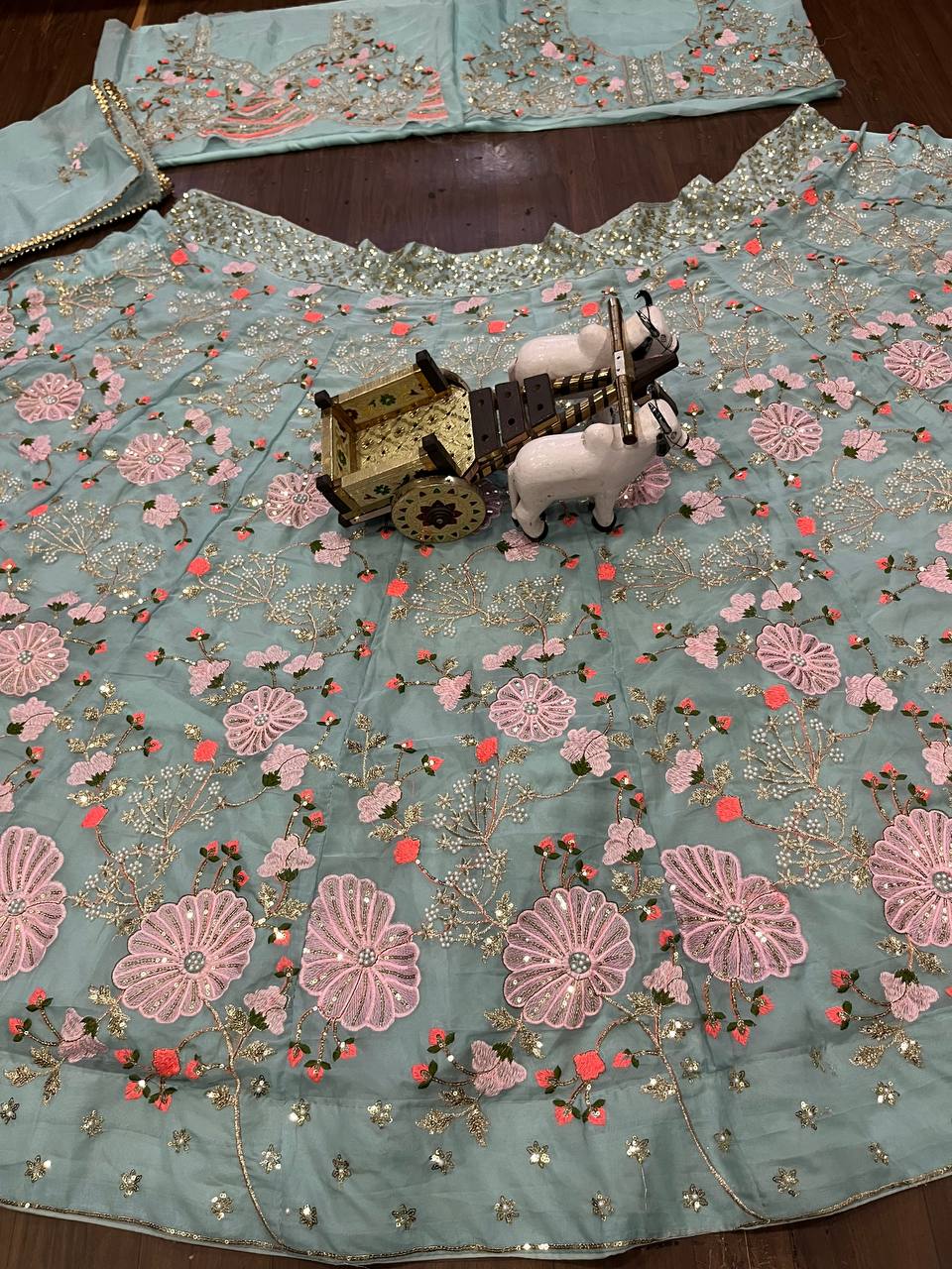 Mint Green Embroidered Lehenga Set with Pink and Coral Floral Sequin Work