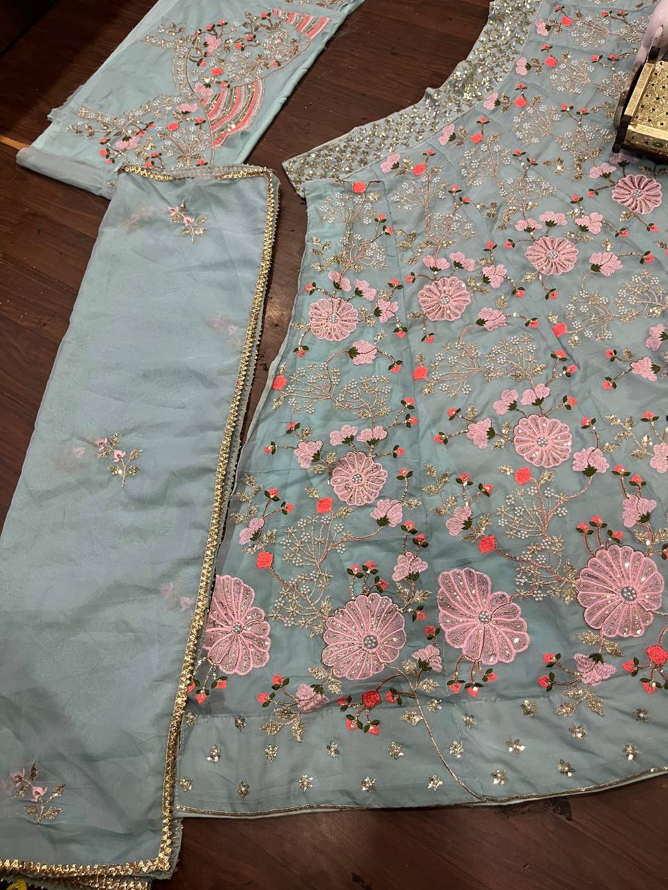 Mint Green Embroidered Lehenga Set with Pink and Coral Floral Sequin Work