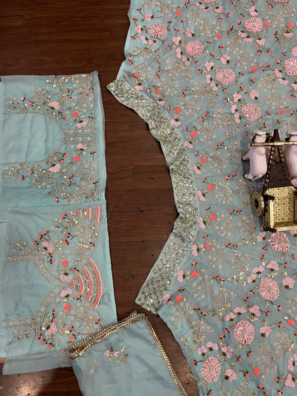 Mint Green Embroidered Lehenga Set with Pink and Coral Floral Sequin Work