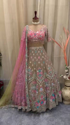 Mocha Blossom Embroidered Contrast Lehenga Choli