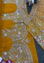 Royal Mustard Golden Peacock Embroidered Net Lehenga Choli