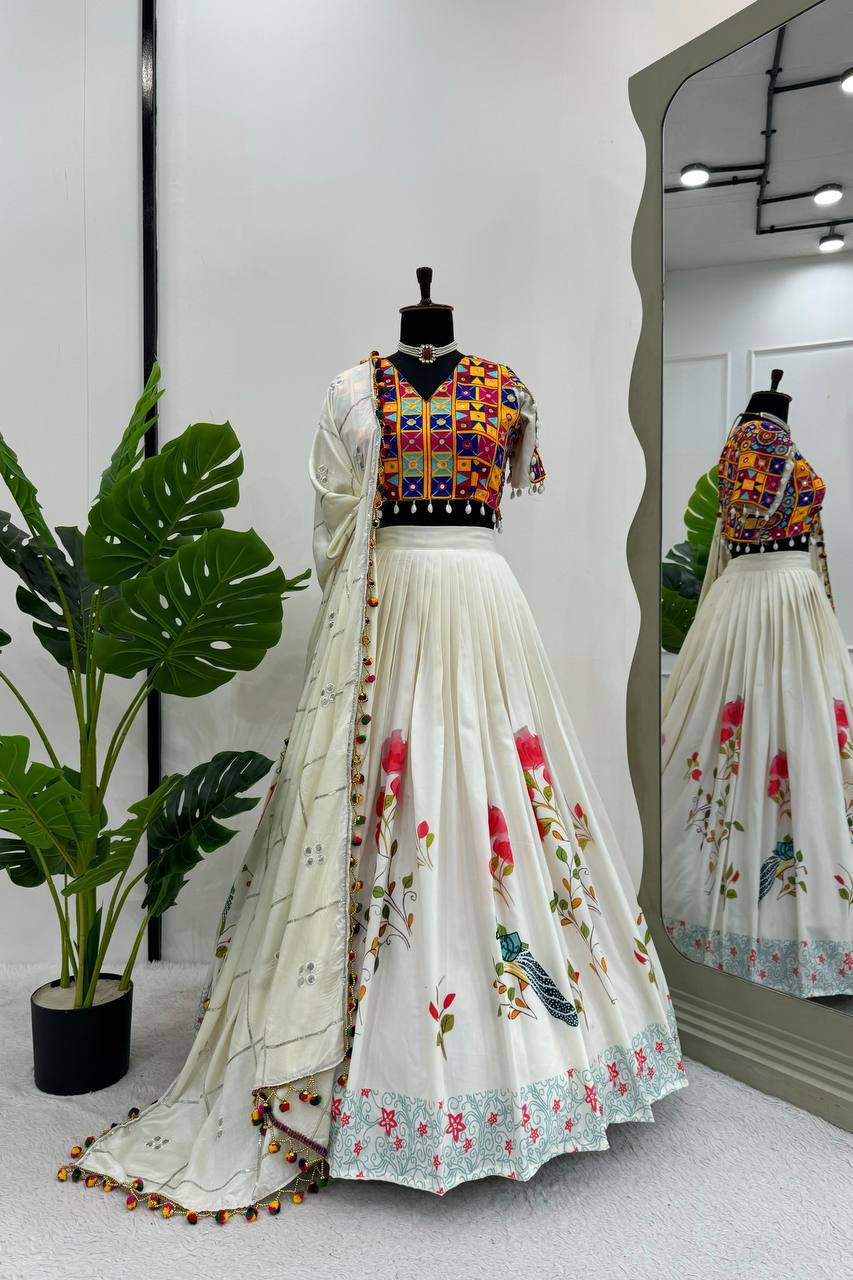 Rayon Lehenga Choli Set | Digital Print with Mirror & Kodi Lace NAVRATRI