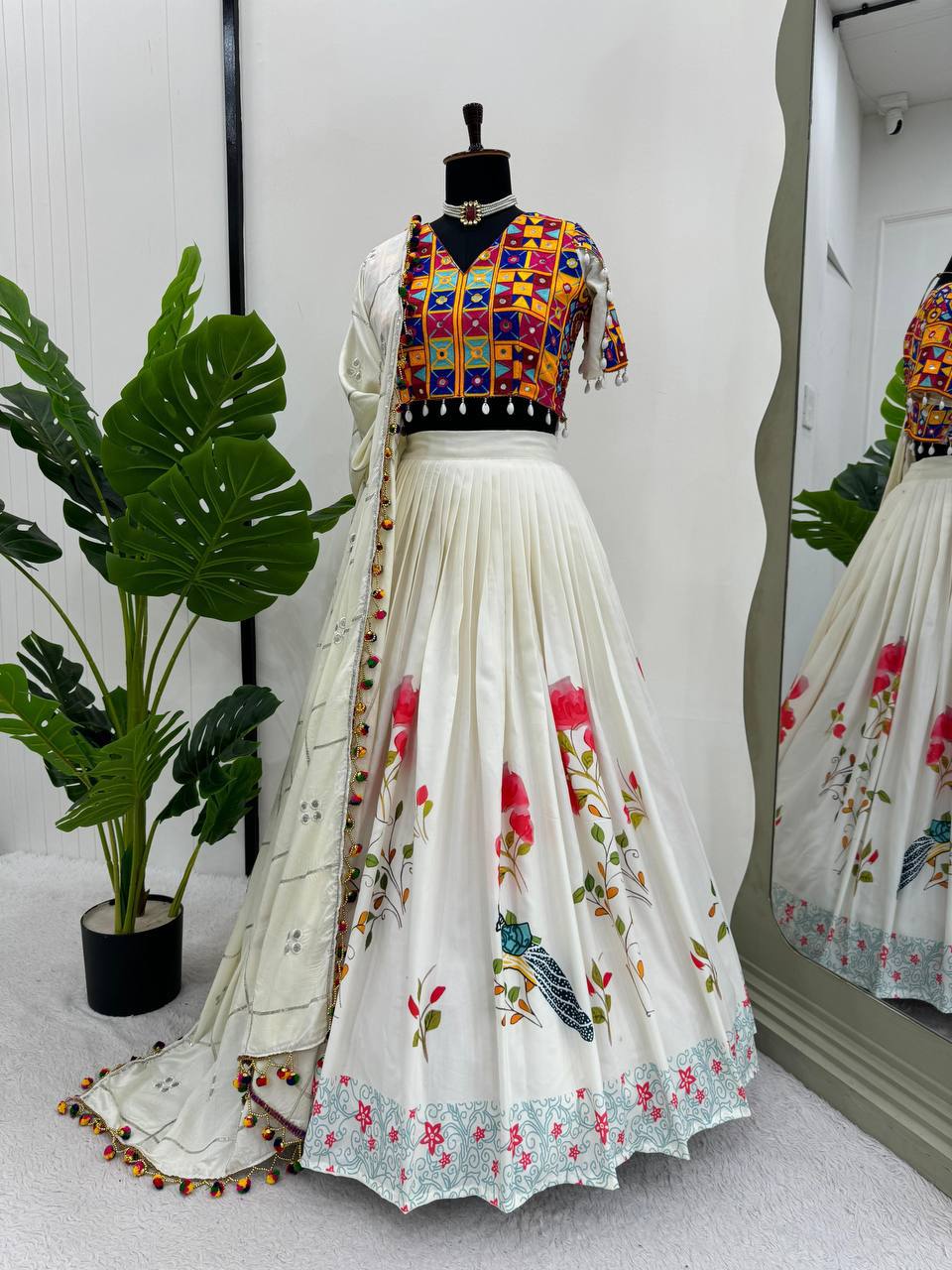 Rayon Lehenga Choli Set | Digital Print with Mirror & Kodi Lace NAVRATRI