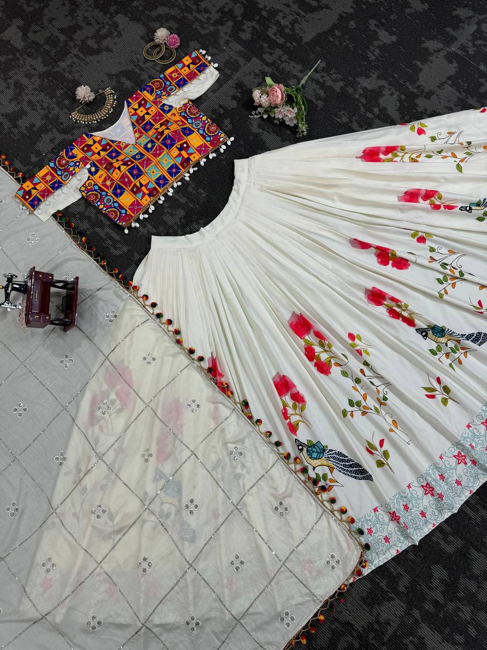 Rayon Lehenga Choli Set | Digital Print with Mirror & Kodi Lace NAVRATRI