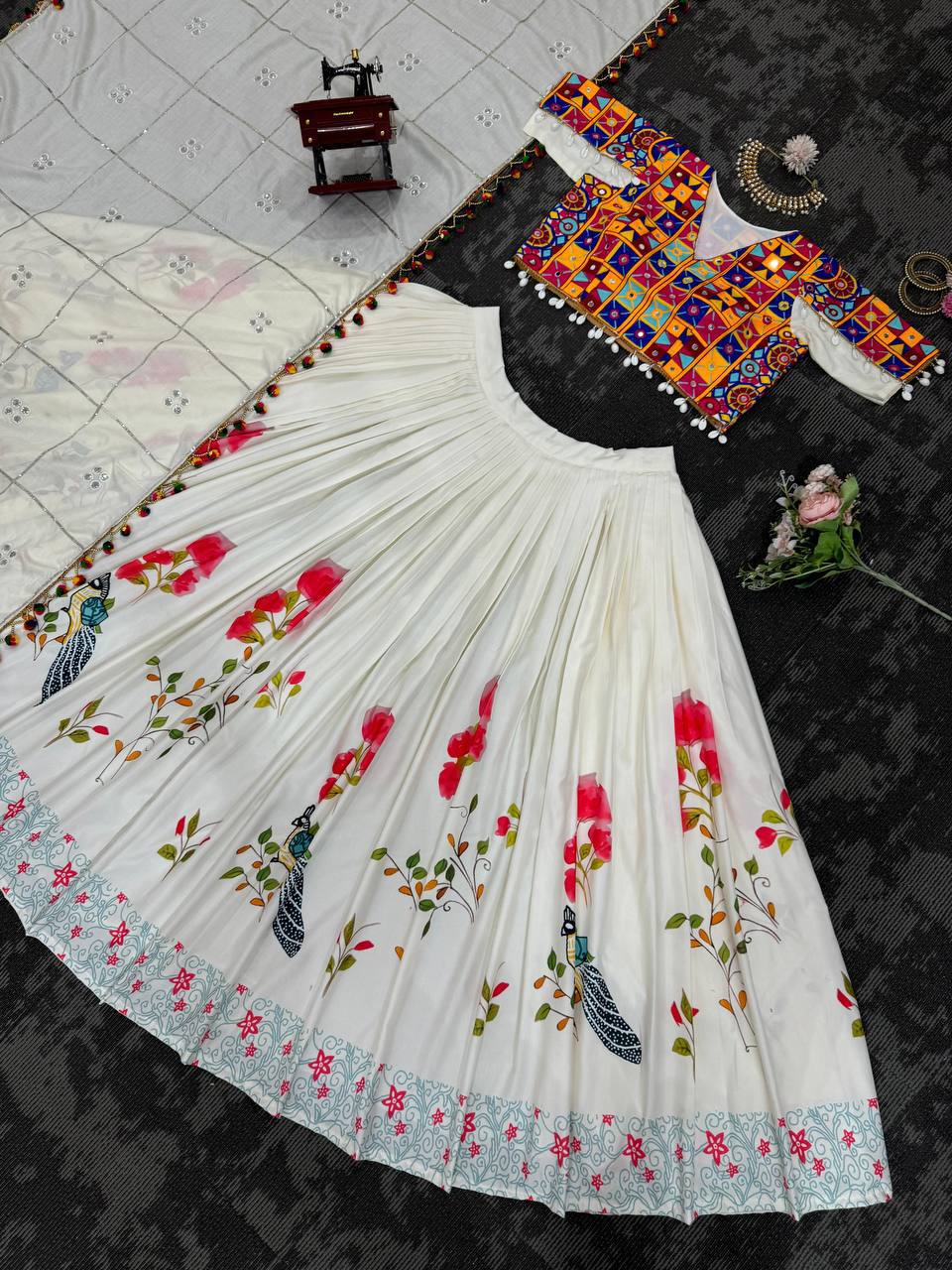Rayon Lehenga Choli Set | Digital Print with Mirror & Kodi Lace NAVRATRI