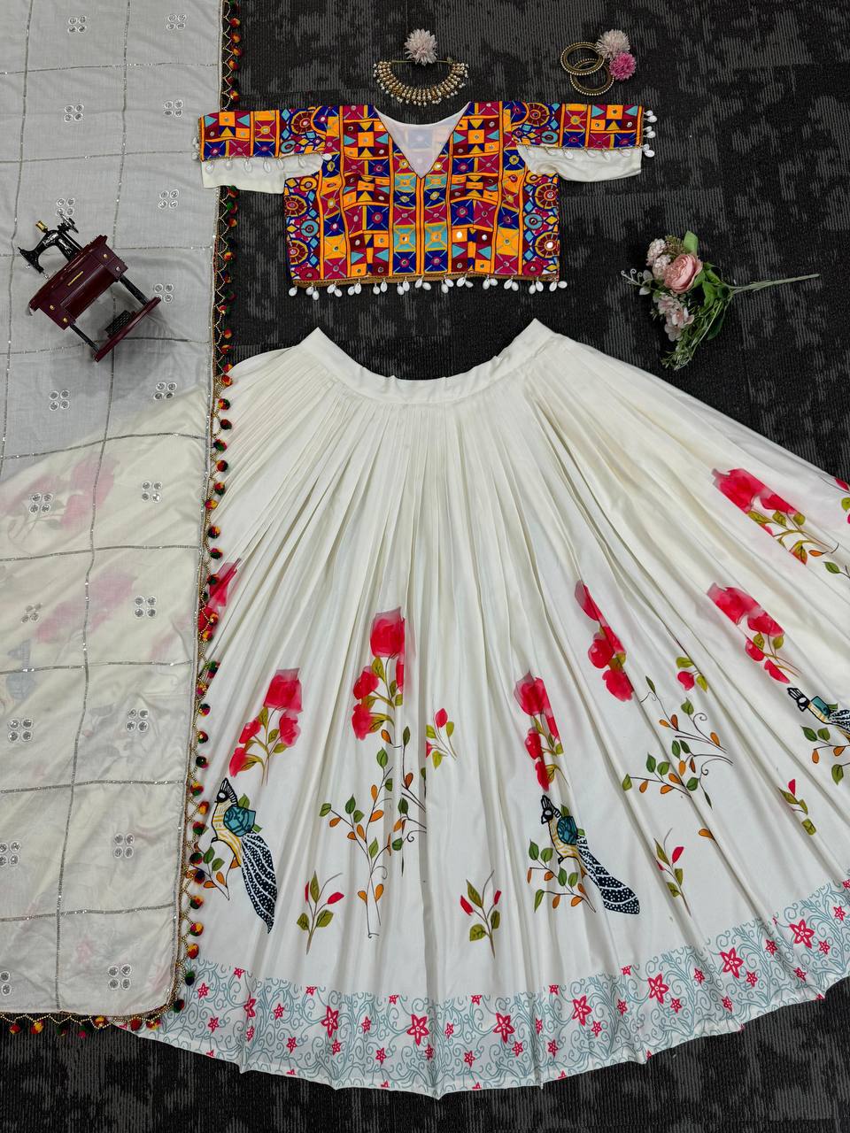 Rayon Lehenga Choli Set | Digital Print with Mirror & Kodi Lace NAVRATRI