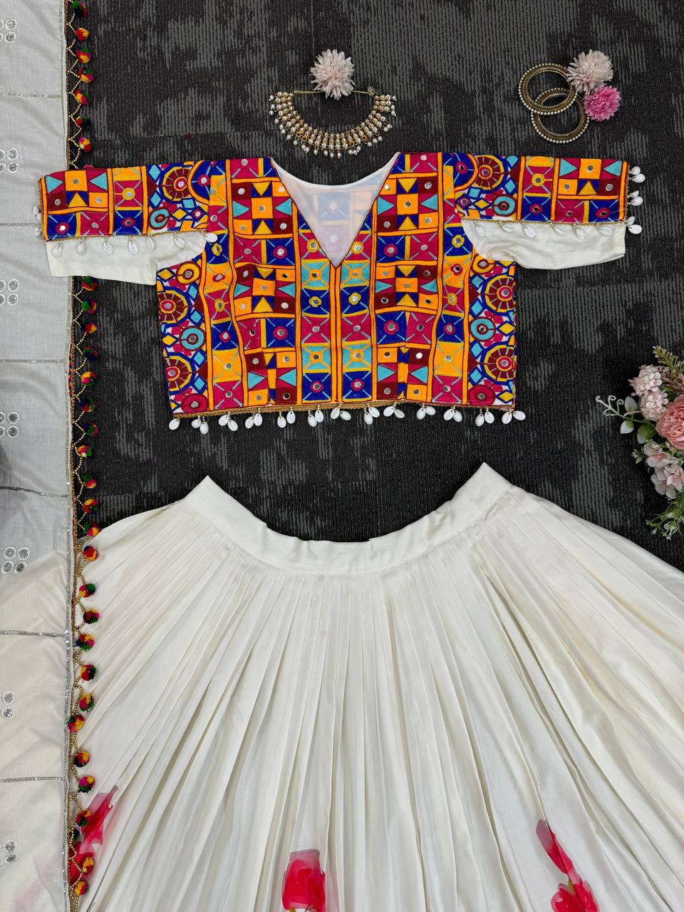 Rayon Lehenga Choli Set | Digital Print with Mirror & Kodi Lace NAVRATRI
