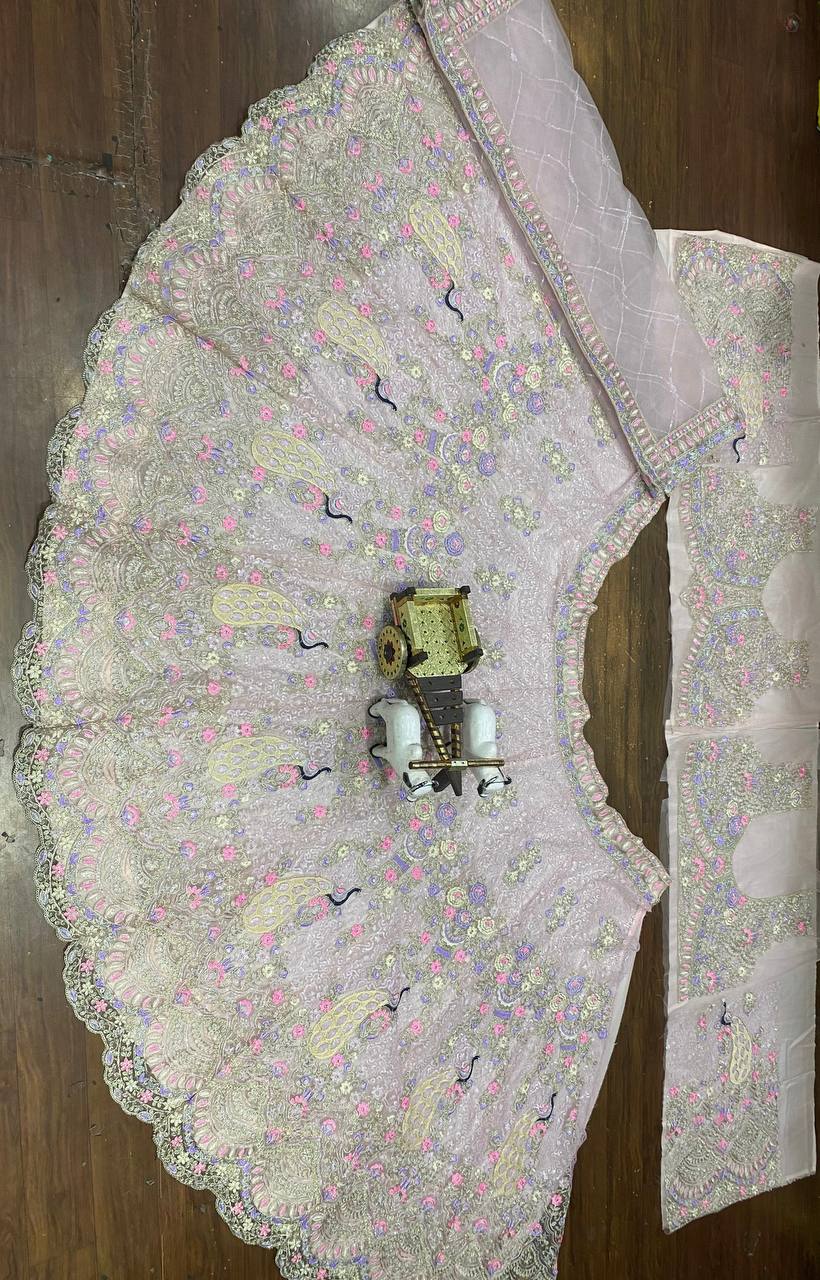 Net Embroidered Lehenga with Peacock & Floral Work