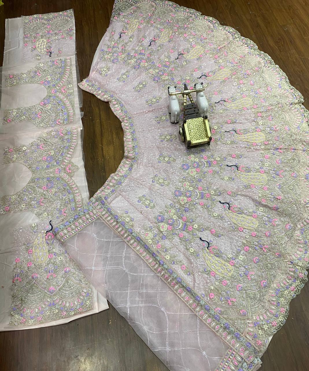 Net Embroidered Lehenga with Peacock & Floral Work