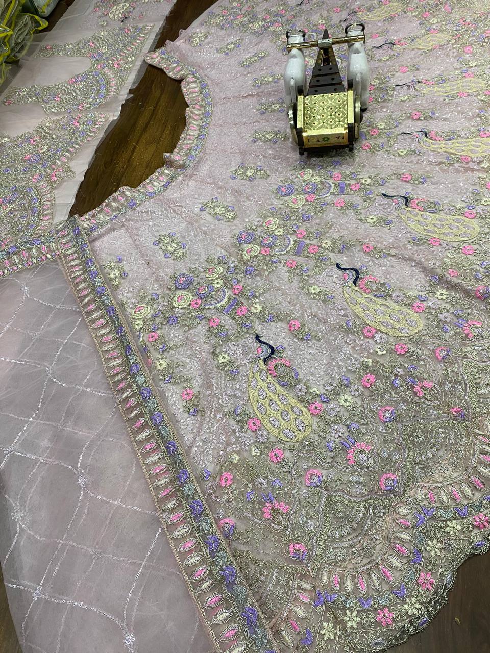 Net Embroidered Lehenga with Peacock & Floral Work