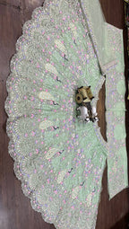 Mint Green Soft Net Lehenga Choli with Peacock and Multi-Thread Embroidery