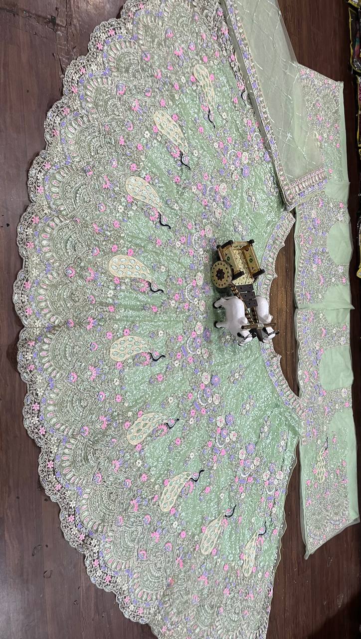 Mint Green Soft Net Lehenga Choli with Peacock and Multi-Thread Embroidery