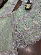 Mint Green Soft Net Lehenga Choli with Peacock and Multi-Thread Embroidery