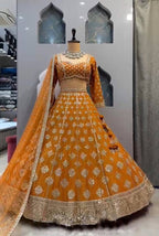 "Royal Mustard Mirror & Sequins Embroidered Lehenga Set – Perfect for Bridesmaids & Festive Occasions"