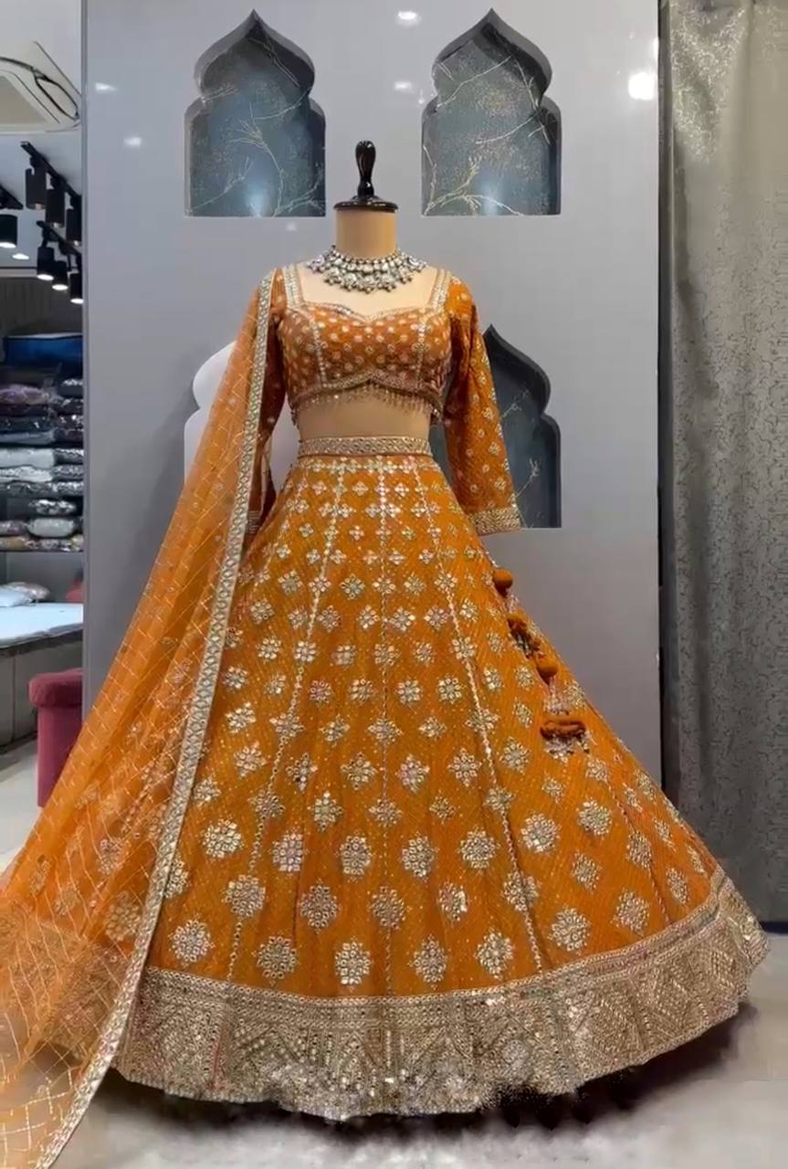 "Royal Mustard Mirror & Sequins Embroidered Lehenga Set – Perfect for Bridesmaids & Festive Occasions"