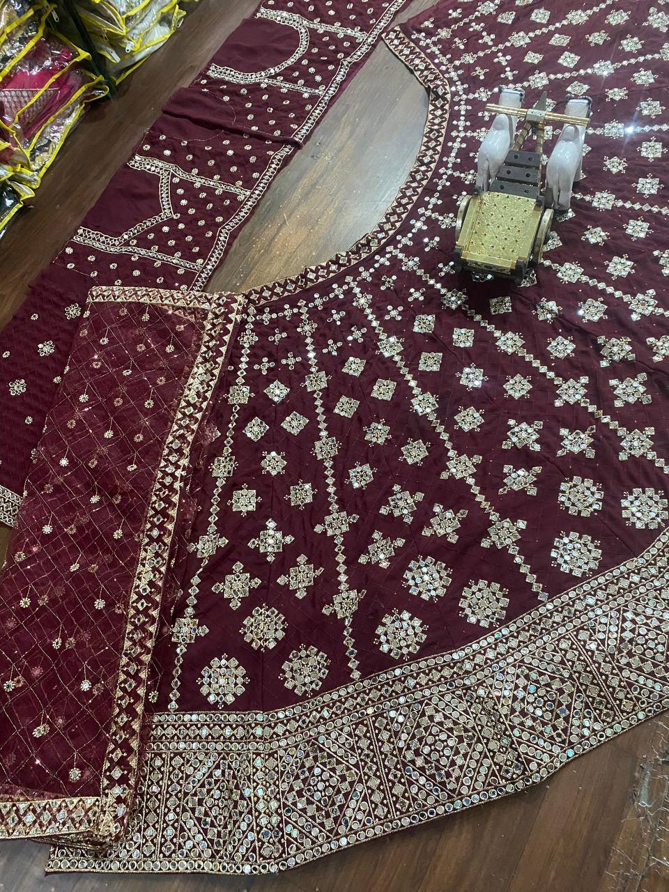 Maroon Velvet Mirror Work Lehenga Choli with Heavy Embroidery