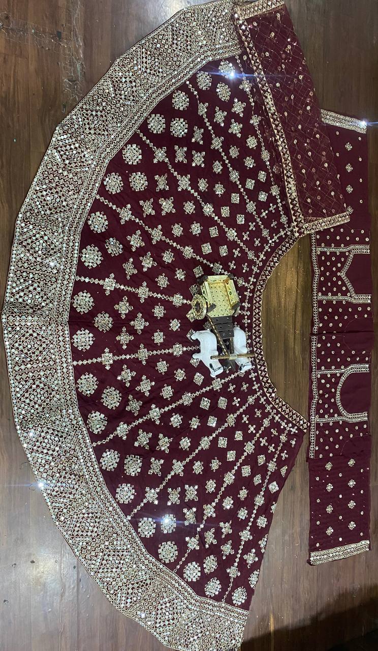 Wine Color Lehenga Choli with Mirror Work and Can-Can Blouse for Women