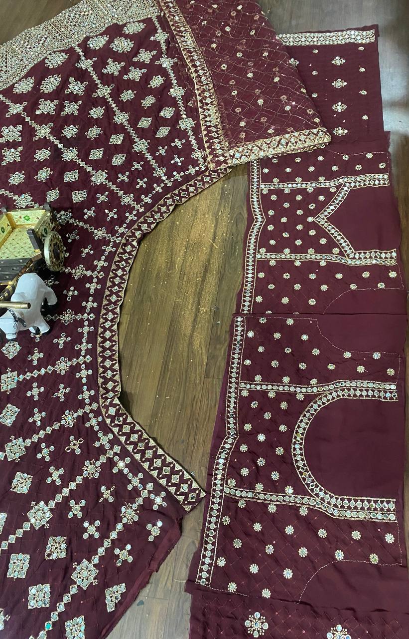 Wine Color Lehenga Choli with Mirror Work and Can-Can Blouse for Women