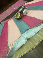 Multicolor Mirror Work Lehenga Fabric Set – Pink, Peach & Teal Embroidered Design
