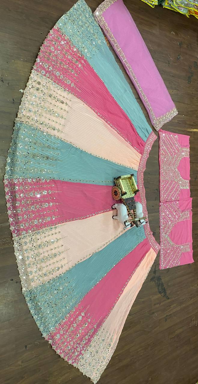 Multicolor Mirror Work Lehenga Fabric Set – Pink, Peach & Teal Embroidered Design