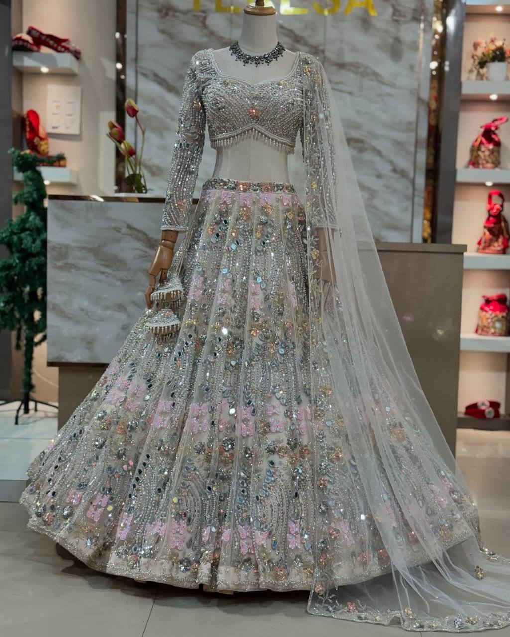 Buy Exquisite Butterfly Net Lehenga with Real Mirror Embroidery & Sequins Work